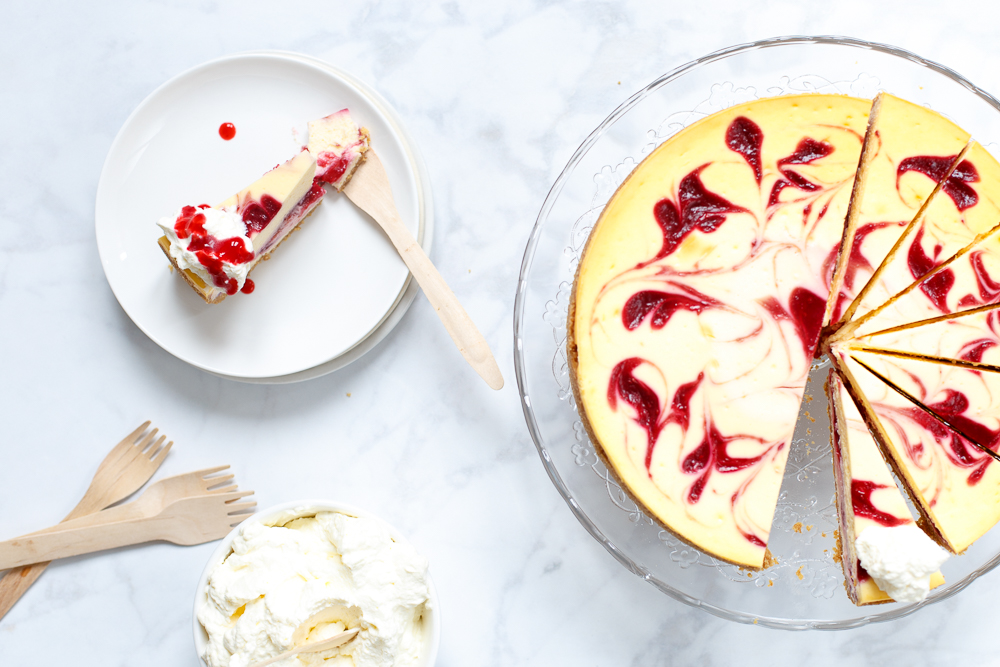 White chocolate raspberry swirl cheesecake