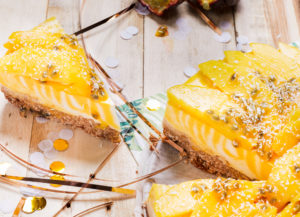 Mango en passievrucht zebra cheesecake