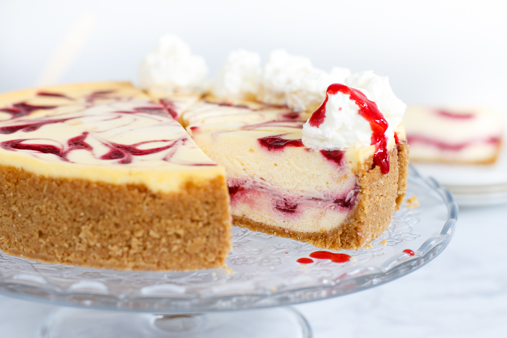 White chocolate raspberry swirl cheesecake
